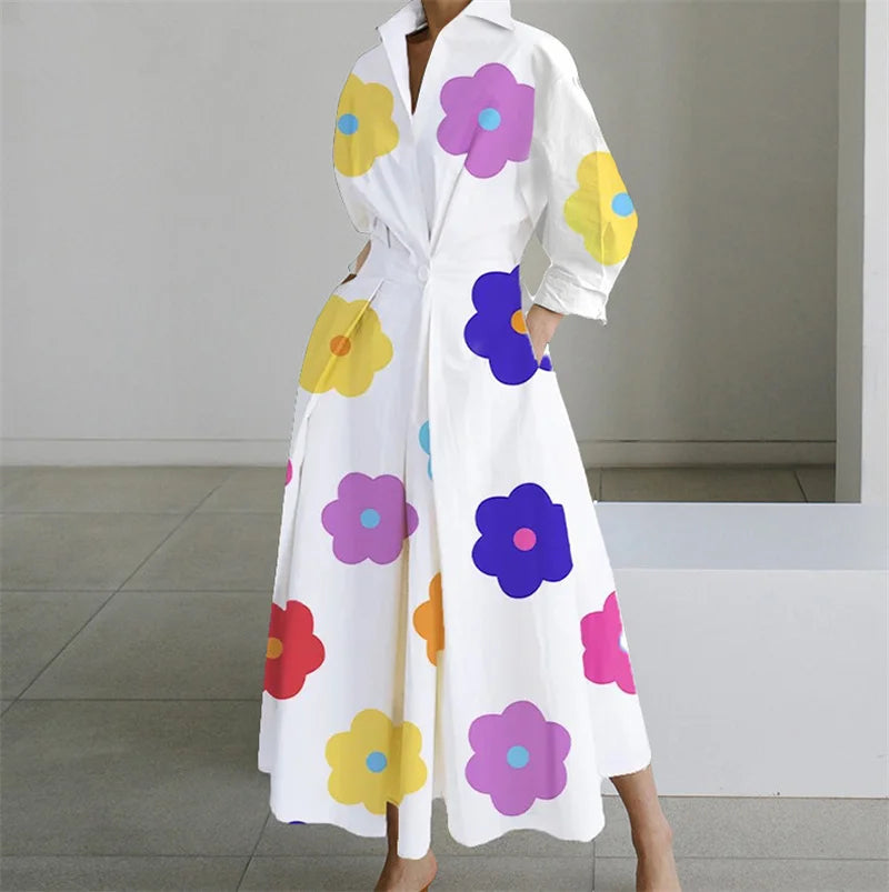 Plus Size Lapel Oil Painting Button Shirt Dress