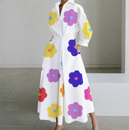 Plus Size Lapel Oil Painting Button Shirt Dress