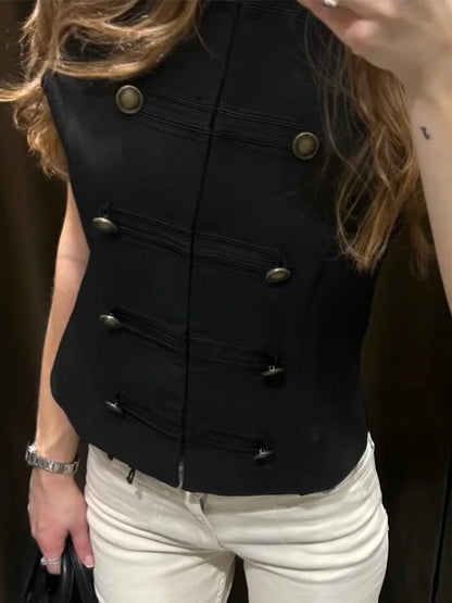 Black Sleeveless Rope Knot Decorative Slim Fit Top Vest