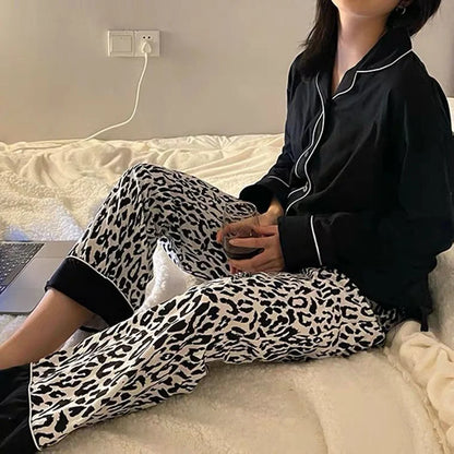 Korean Version Black Leopard Cardigan Thin Suit Set