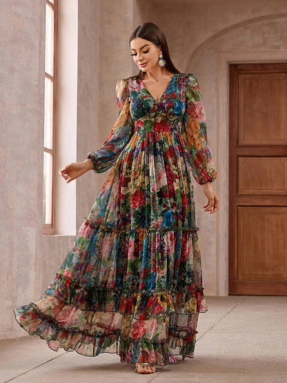 Casual Elegant Boho Floral Print Long Sleeve Frill Trim Maxi Dress