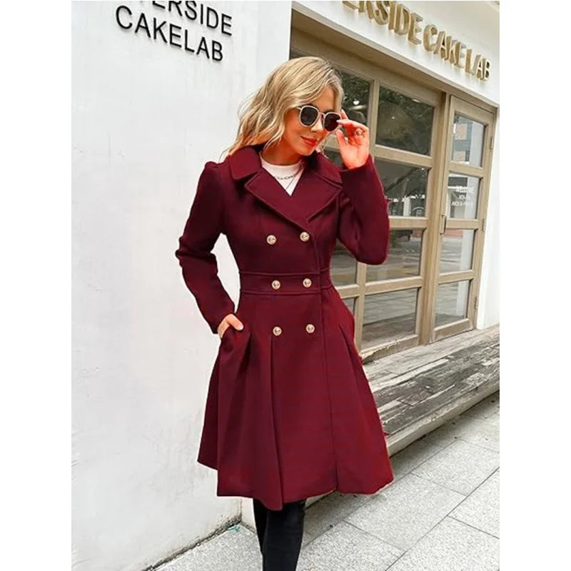 Winter Woolen Trench Coat Skirt Double Breasted Flip Lapel Jacket