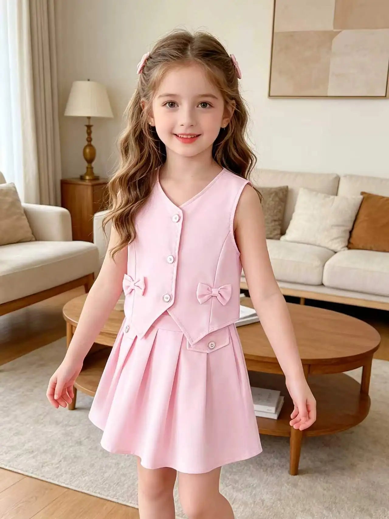 Pink Sleeveless Vest + Pleated Skirt Set