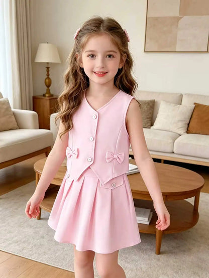 Pink Sleeveless Vest + Pleated Skirt Set