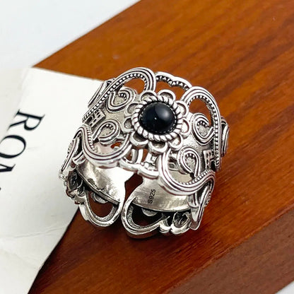 925 Sterling Silver Geometric Adjustable Wide Black Stone Retro Ring