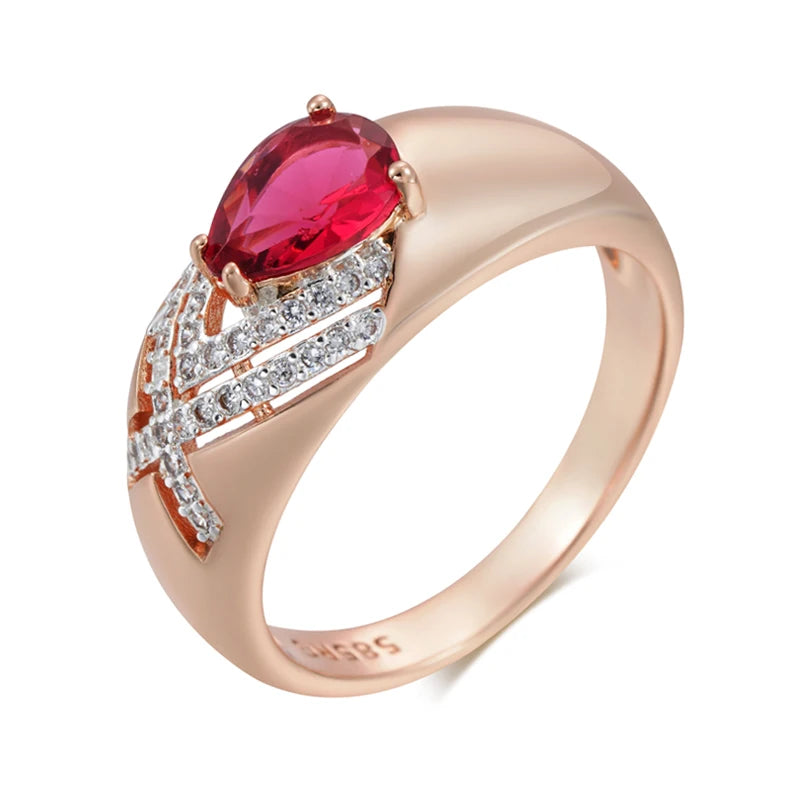 Kinel Unique Ethnic Bride Red Natural Zircon 585 Rose Gold Crystal Rings