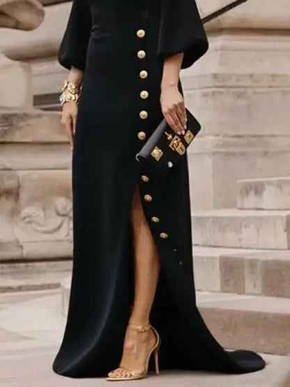 Slit Maxi Gold Button Black Long Dress