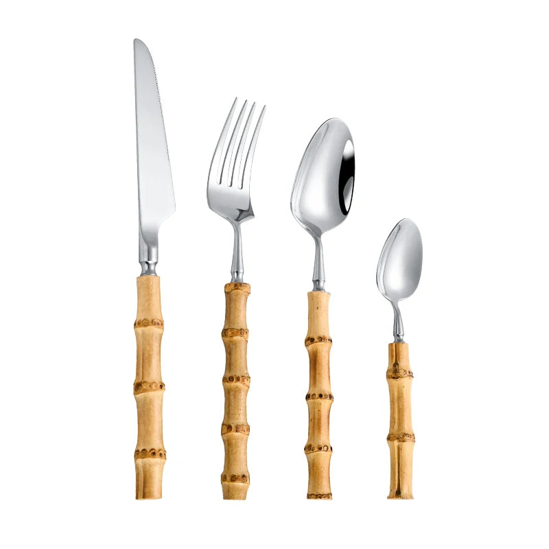 Natural Bamboo Handle Cutlery Set Stainless Steel Tableware Set