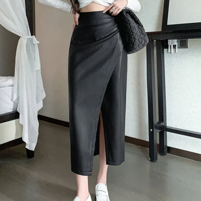 Autumn Winter Front Split PU Leather Long Skirts
