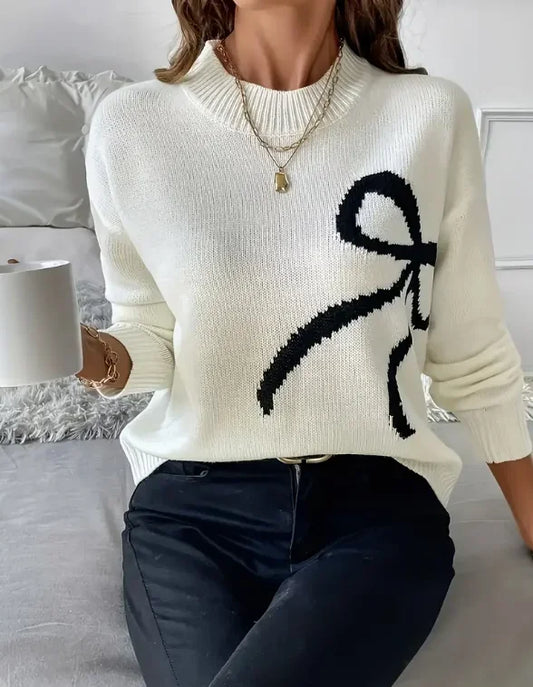 Elegant Casual Knit Bowtie Warm Long Sleeve Pullover
