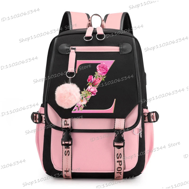 Black Pink Backpacks 26 Initials Flower A-Z Alphabet Large Capacity Students Bookbag
