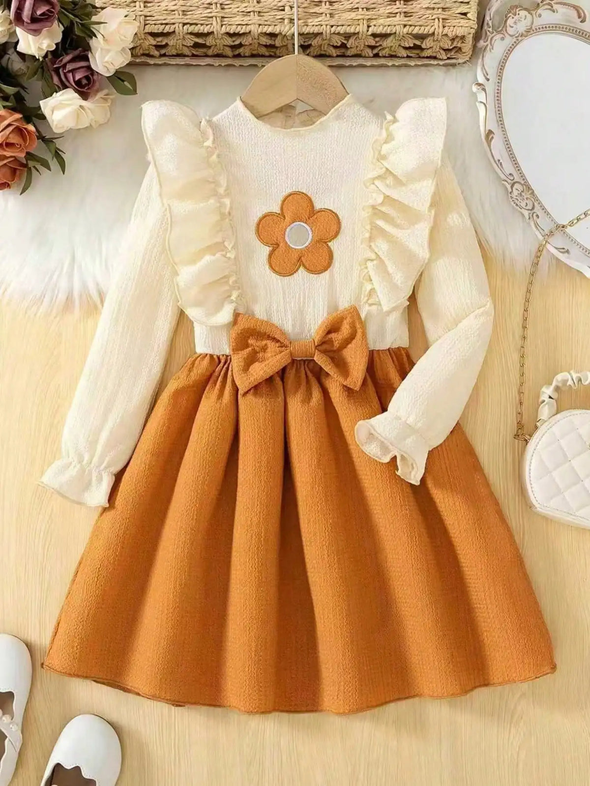 Elegant Long Sleeved Floral Waist Bow Ruffled Collar Dress Mid