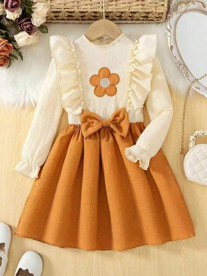 Elegant Long Sleeved Floral Waist Bow Ruffled Collar Dress Mid