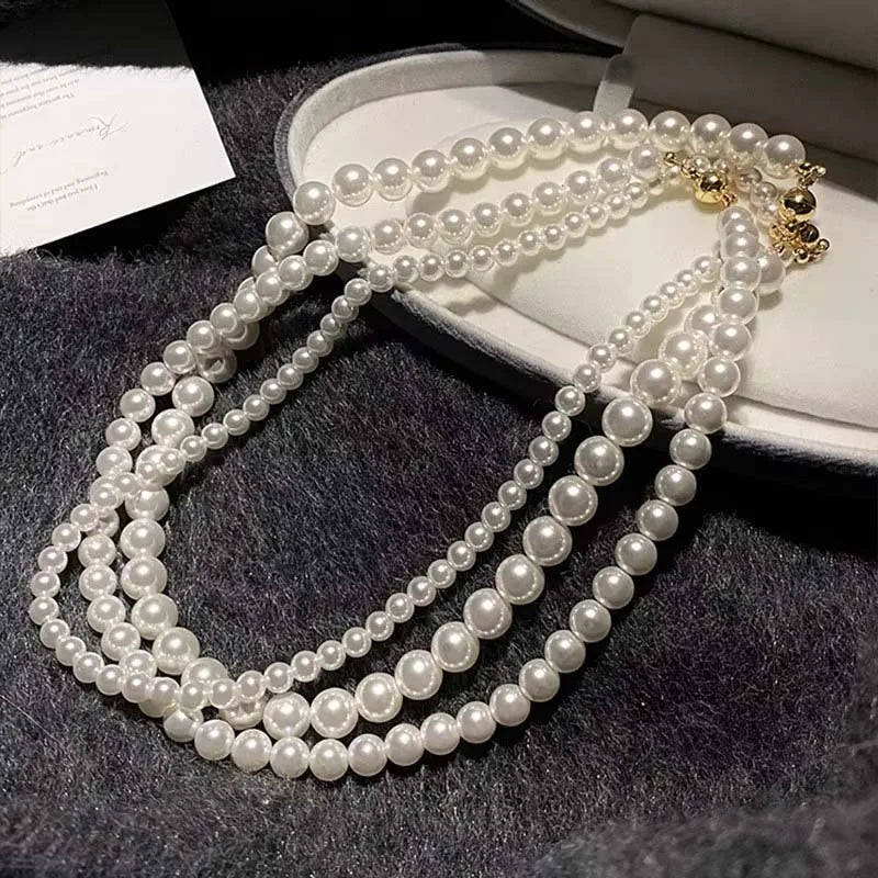 Imitation Pearl Magnet Round Buckle Beadeds Necklace Jewelry