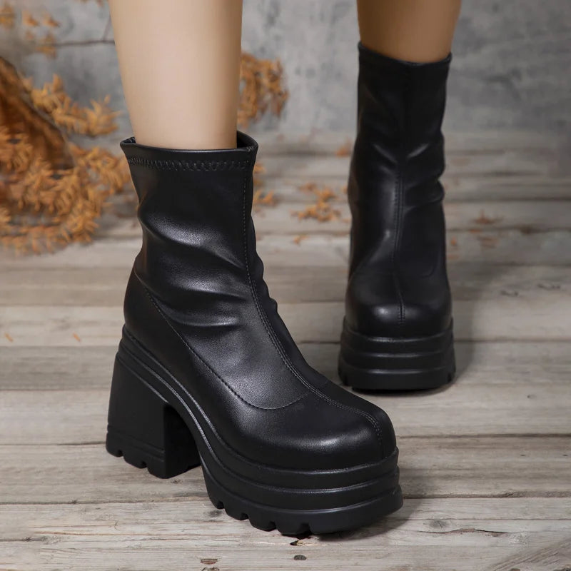 Short Sexy Leather Square toe casual Zipper high heels thick soled Boots