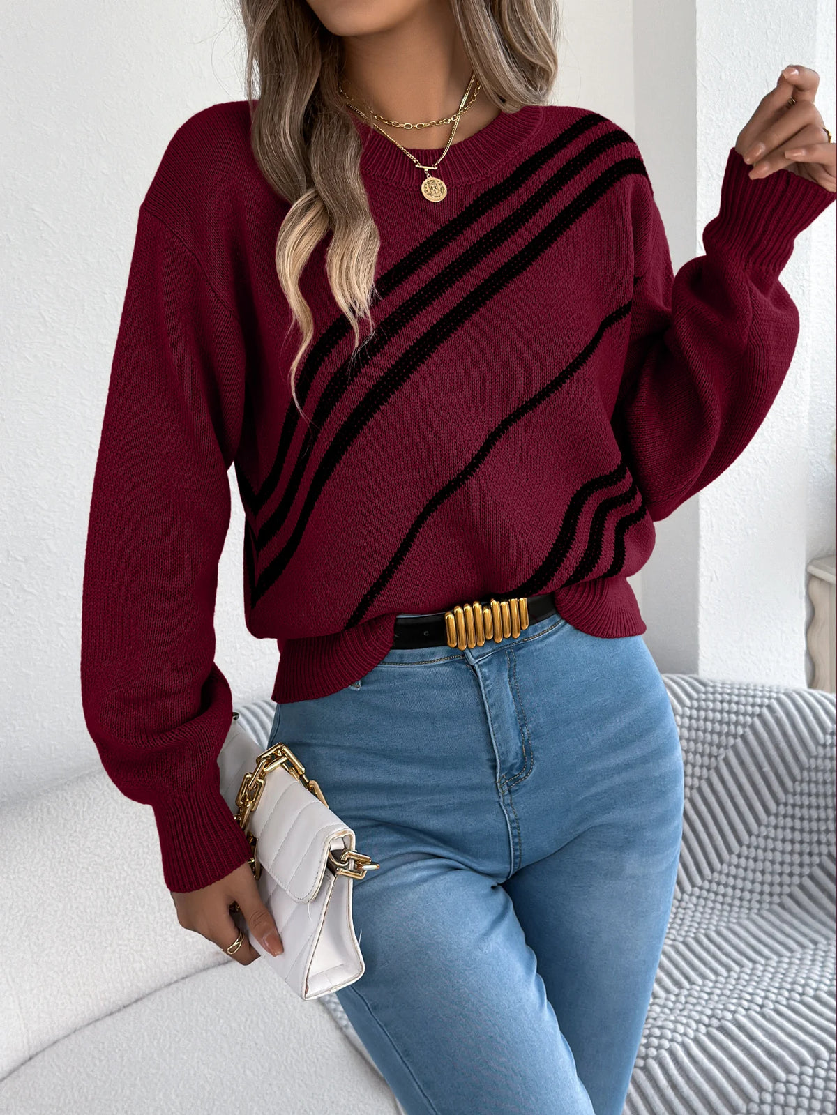 Twill Texture Color Block Round Neck Long Sleeve Cabin Core Knit Pullover