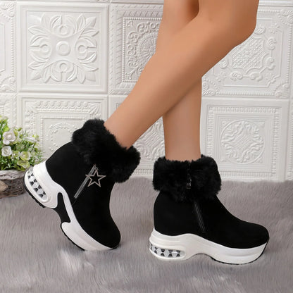 Winter Casual High Heels Thickened Fluff Wedge Platform Snow Boots