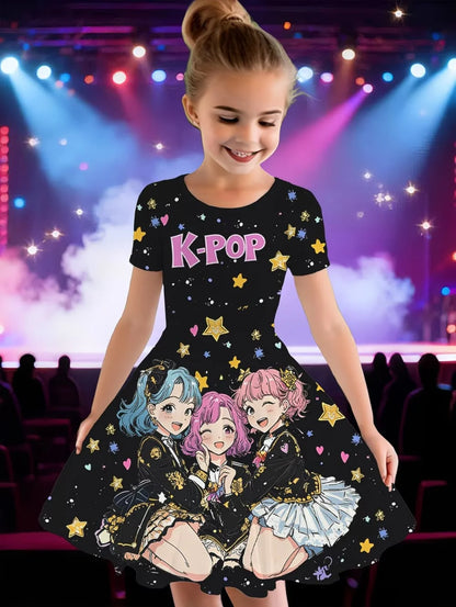 Kpop Cartoon Graphic Short Sleeve Dress