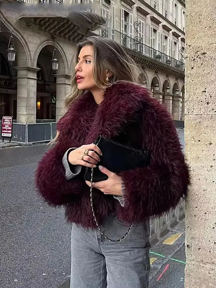 Elegant Faux Fur Warm Fluffy Loose Long Sleeve Lapel Jacket