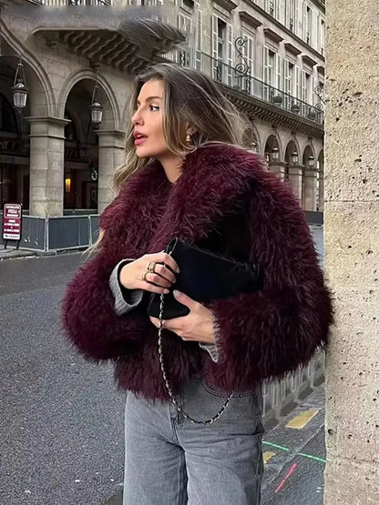 Elegant Faux Fur Warm Fluffy Loose Long Sleeve Lapel Jacket