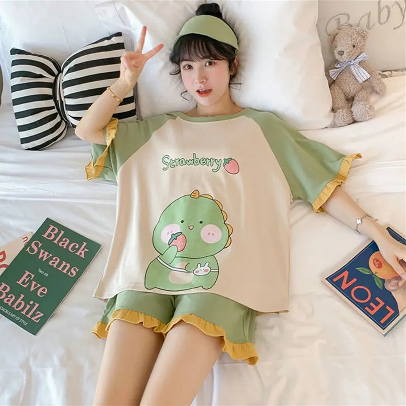 Short-Sleeved Loose Large Size Princess Style Strawberry Dinosaur Kawaii CutePajamas Sets