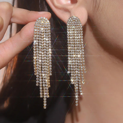 Shiny Rhinestone Crystal Tassel Long Earrings