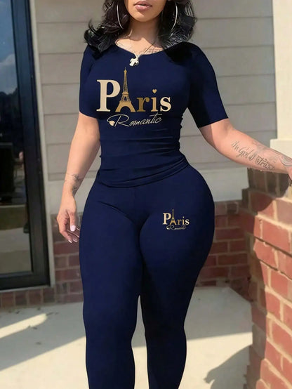 New Paris Printed Two-Piece Casual Short-Sleeved Round Neck T-Shirt Set