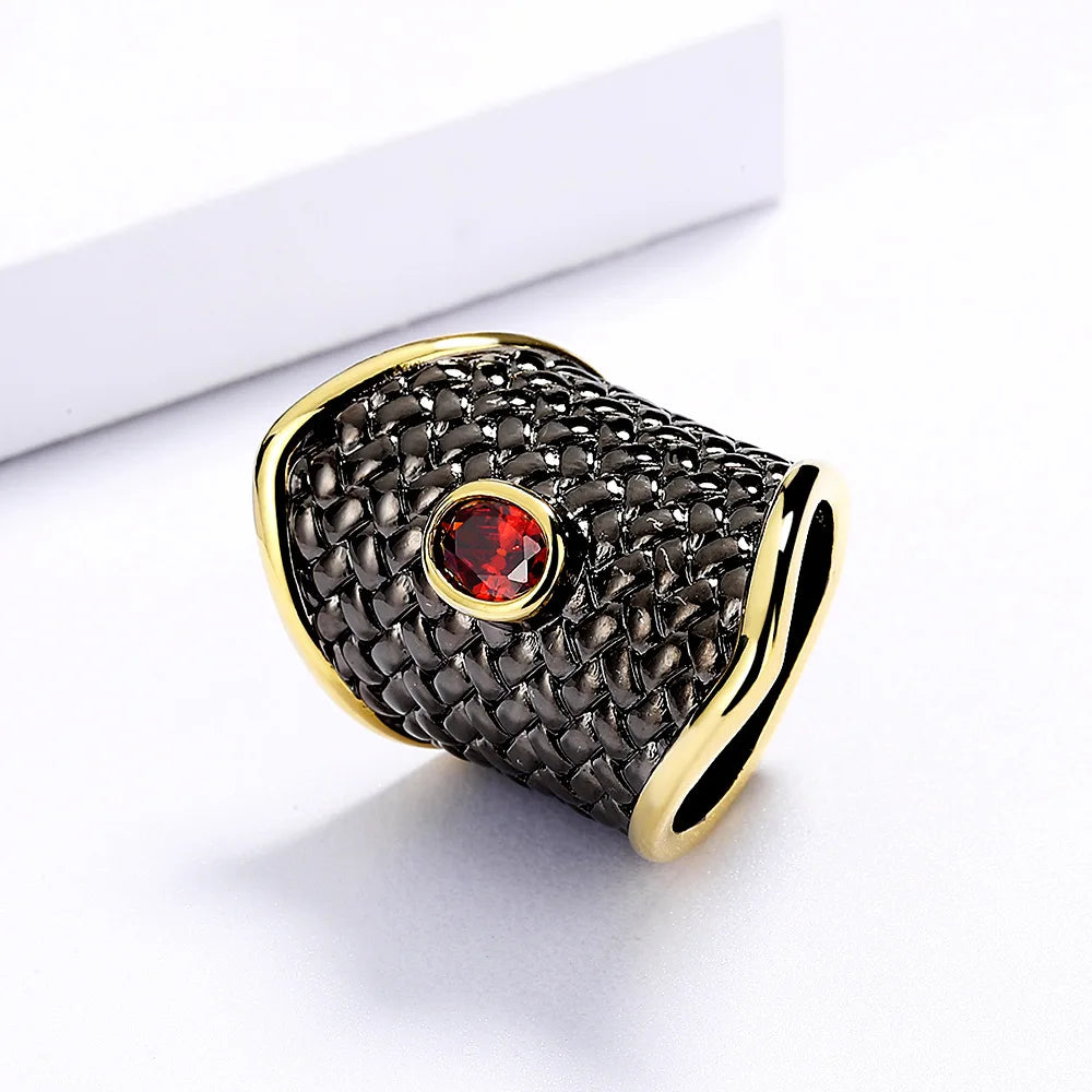 Exaggerated Black Gold Red Zircon 925 Stamp Irregular Geometric Shape Ring