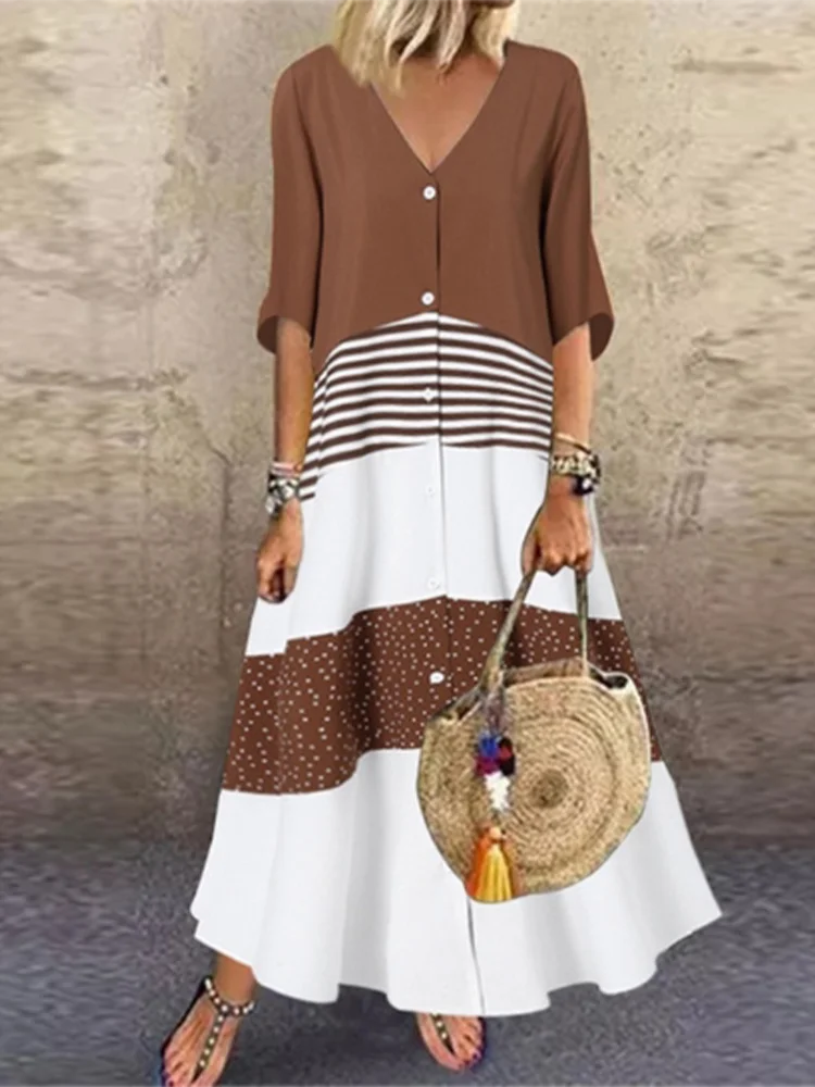 Short Sleeved V-neck Button Up Dress