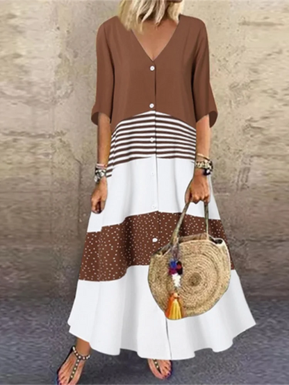 Short Sleeved V-neck Button Up Dress