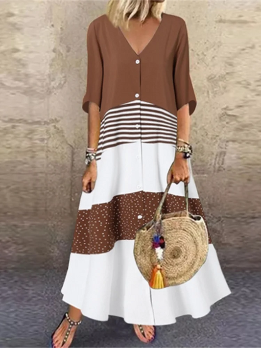 Short Sleeved V-neck Button Up Dress