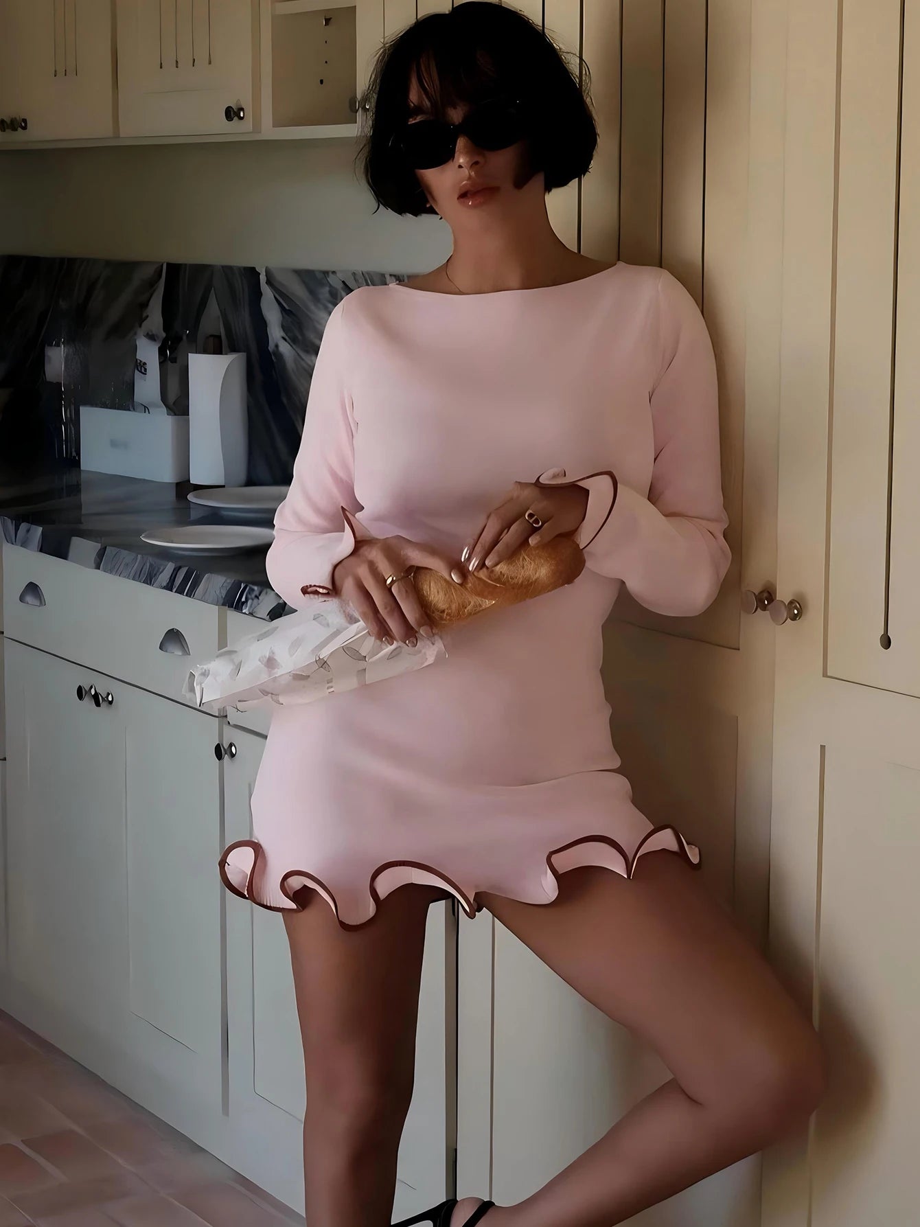 O-Neck Long Sleeves Ruffles Mini Dress