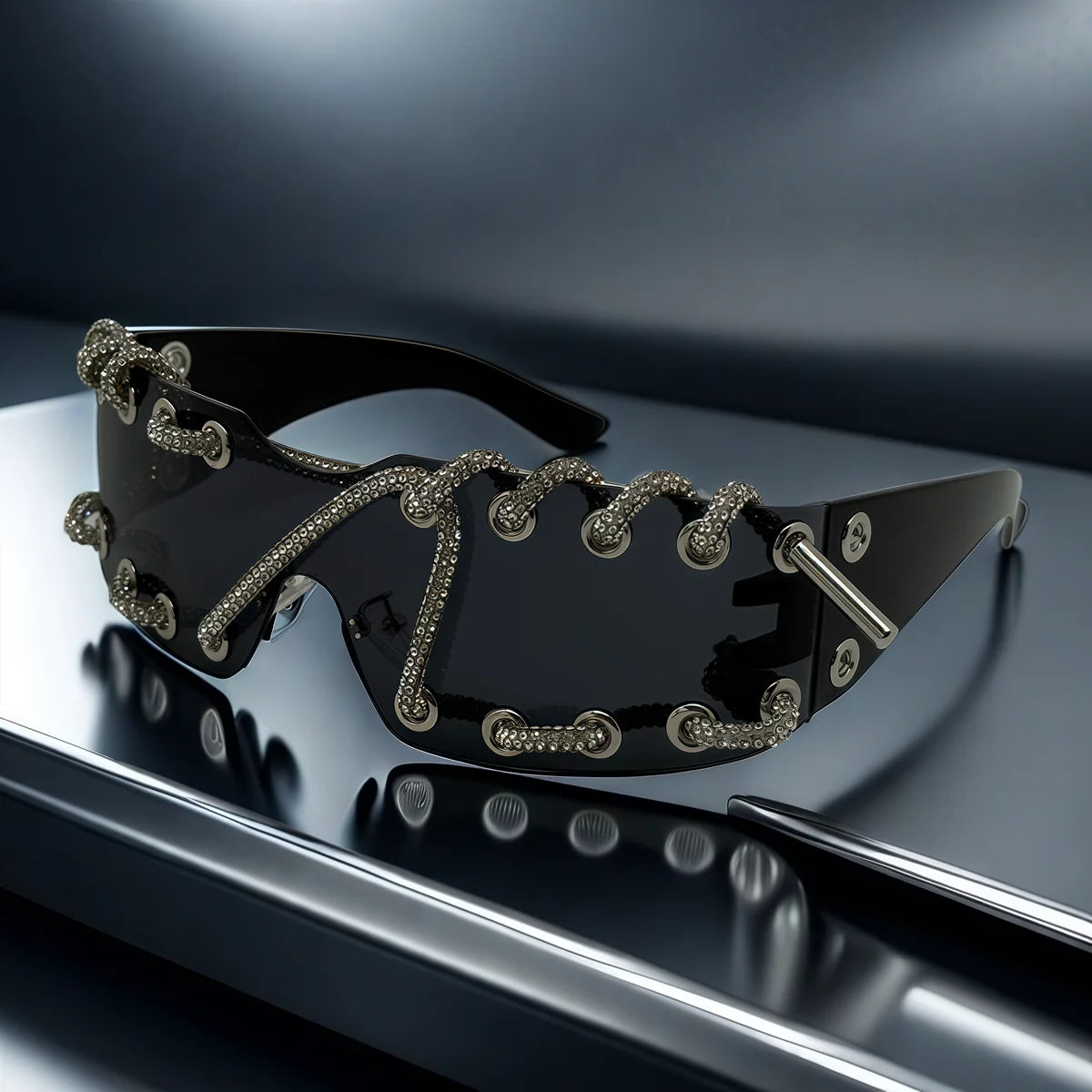 Punk Y2k Frameless Crystal Chain One-piece Bling Sunglasses