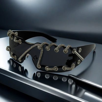 Punk Y2k Frameless Crystal Chain One-piece Bling Sunglasses