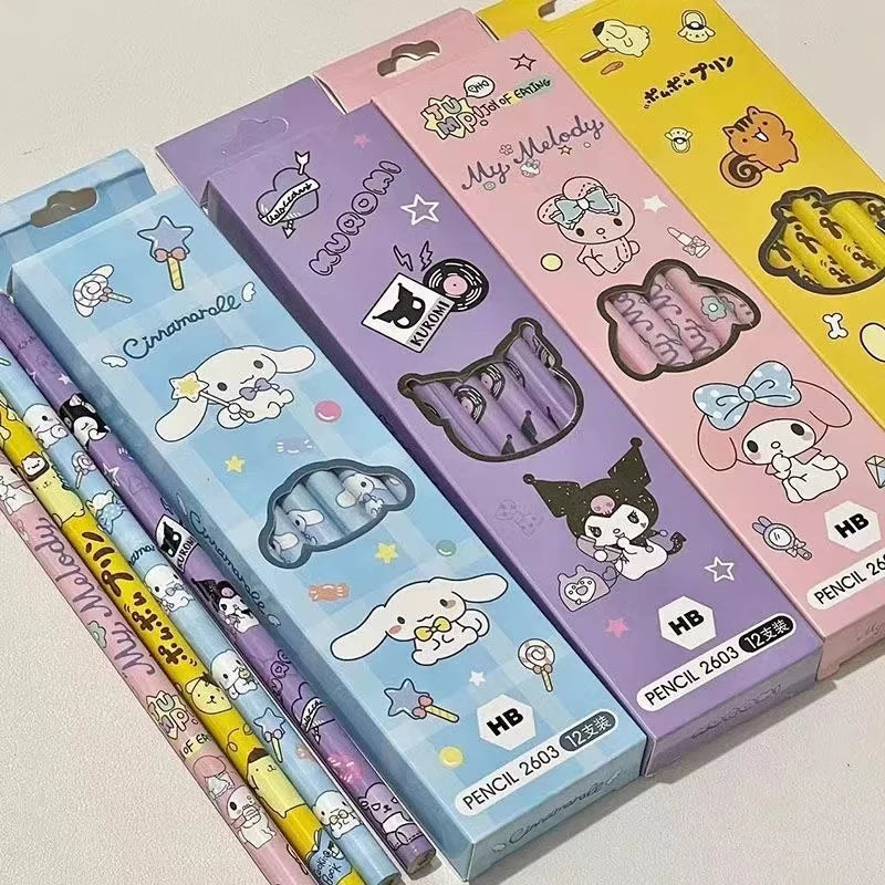 12Pcs/Box Sanrio Pencil Melody Kuromi Cinnamoroll HB Black Write Draw Pencils
