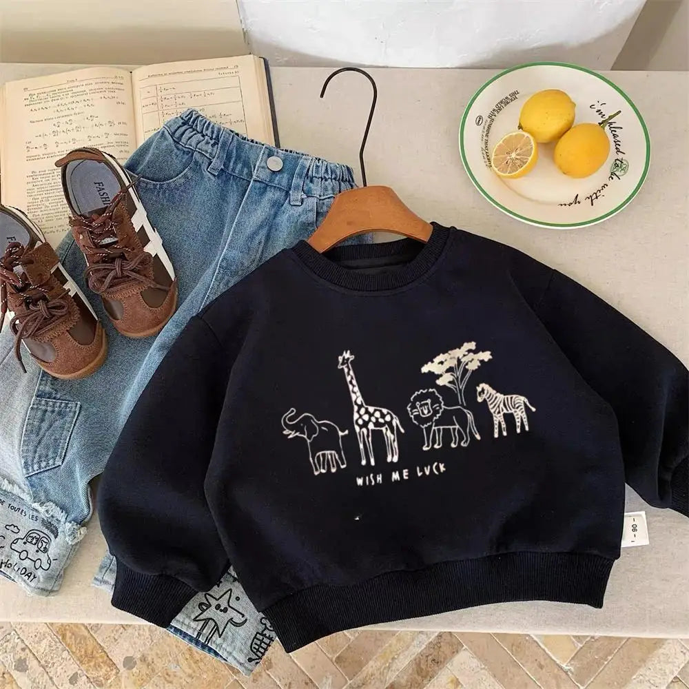 Spring/Autumn Cartoon Animals Print Long Sleeve Round Neck Hoodie