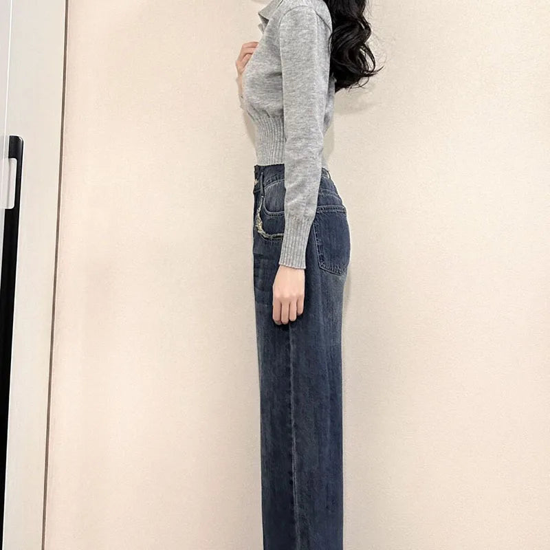 Korean Chic Turndown Collar Gray Slim Fit Long Sleeve Cropped Sweater