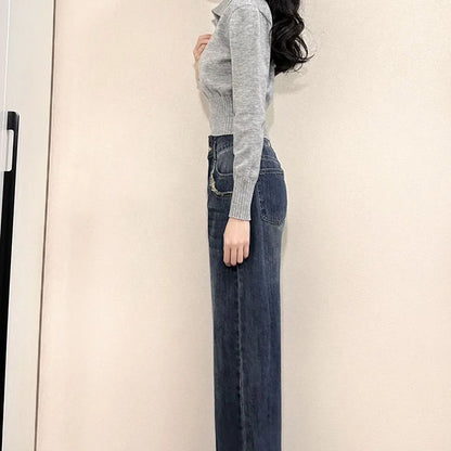 Korean Chic Turndown Collar Gray Slim Fit Long Sleeve Cropped Sweater