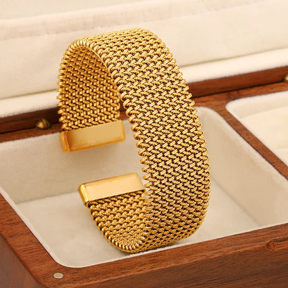 Vintage Y2K Stainless Steel Wide Weave Open Cuff Bangle Bracelet