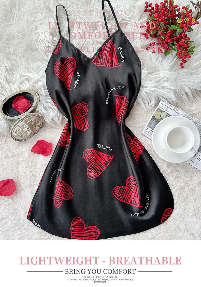Red Lip Print Satin Slip Mini Sleep Dress Lingerie
