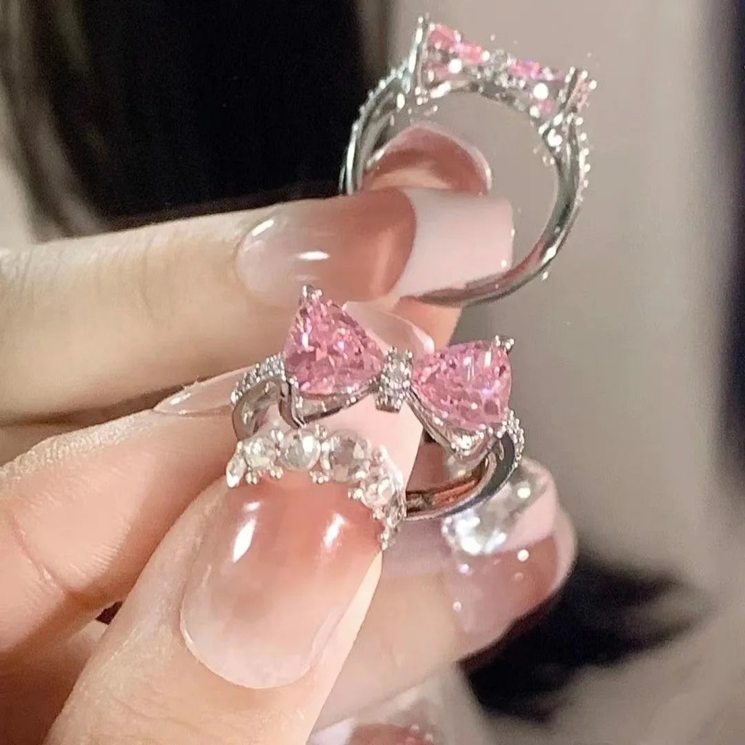 Romantic Lovely Pink Bowknot with Micro Bow Tie Zircon Rings