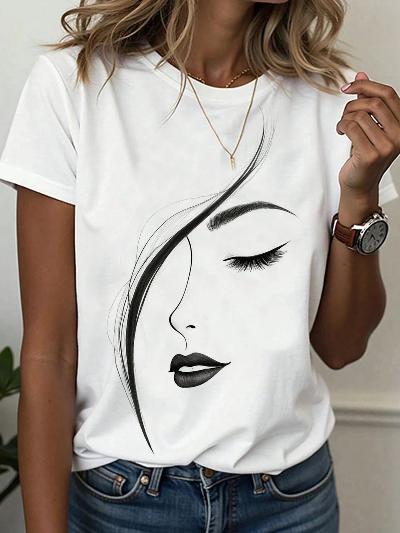Abstract Face Line Art Graphic Print T-Shirt