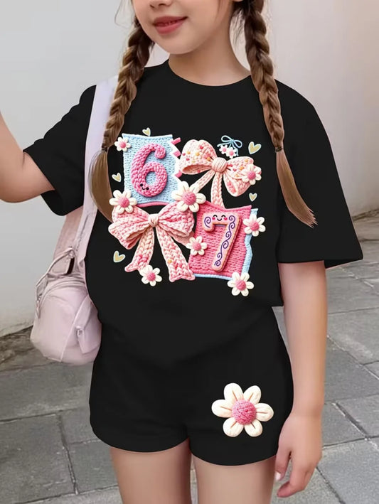 67 Six Seven Cute Bows Flowers Print Short Sleeve T-Shirt Set