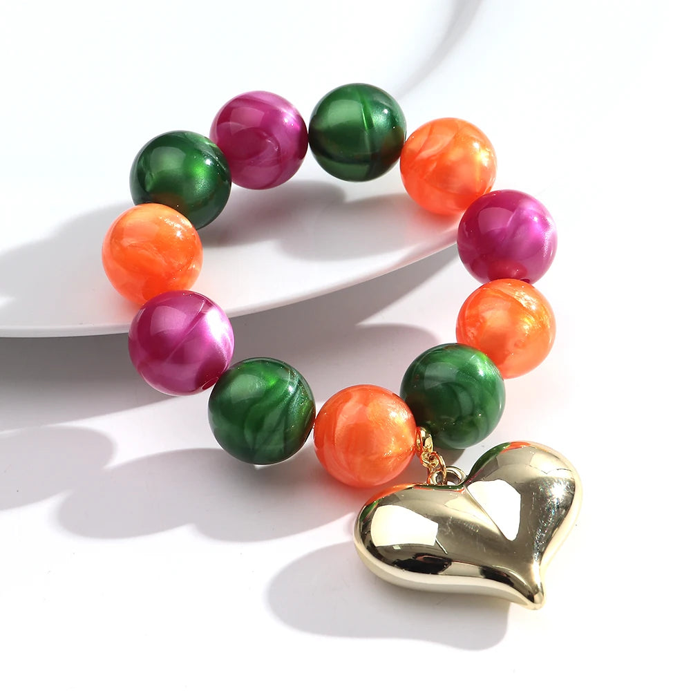 Boho Colorful Round Beads Heart Pendant Elastic Bracelets