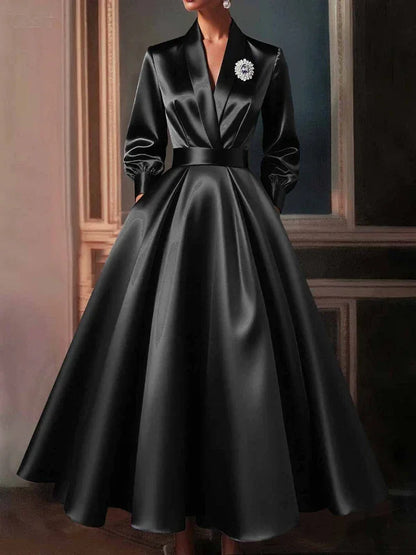 Satin V Neck Long Sleeve Pleated Maxi Dress