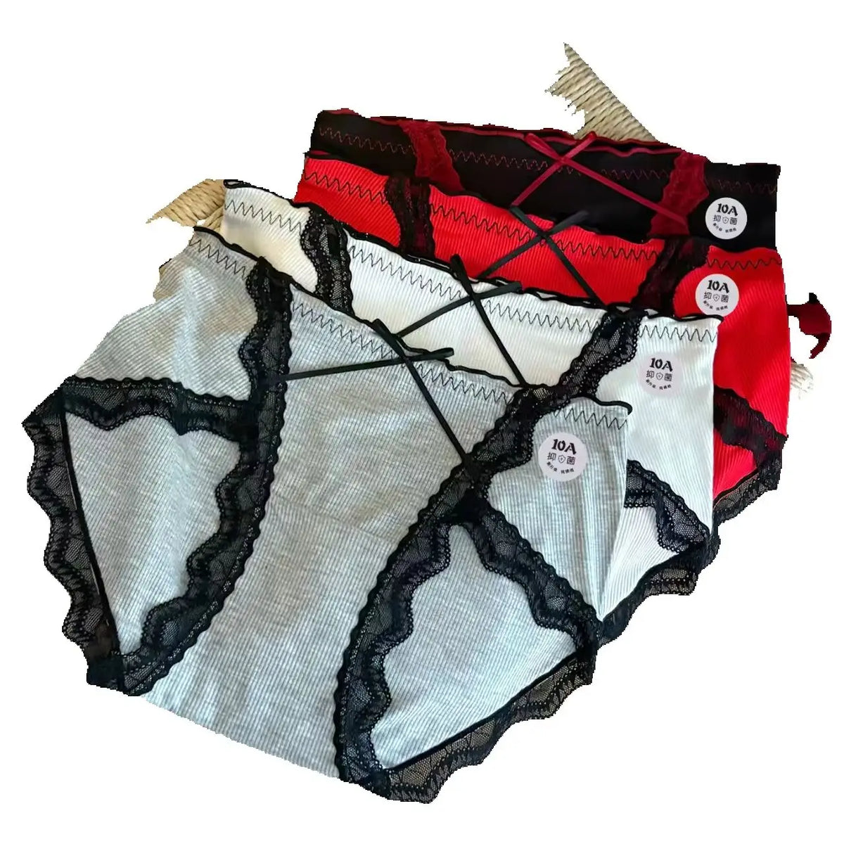 Lace Waist Boxer Panties Mixed Print Scalloped Edge Briefs Silky Fabric Underwear
