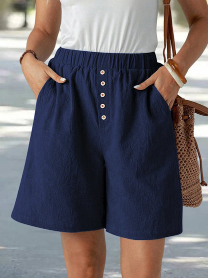Summer Casual Loose Pocket Buttoned Linen Shorts