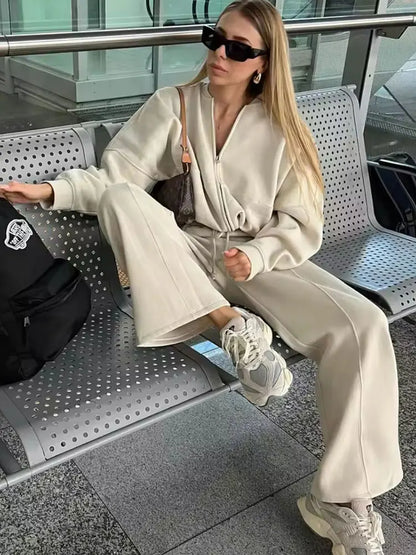 Zipper Bomber Jacket Sweatshirt High-waisted Lace-up Loose Velvet Pants Suit