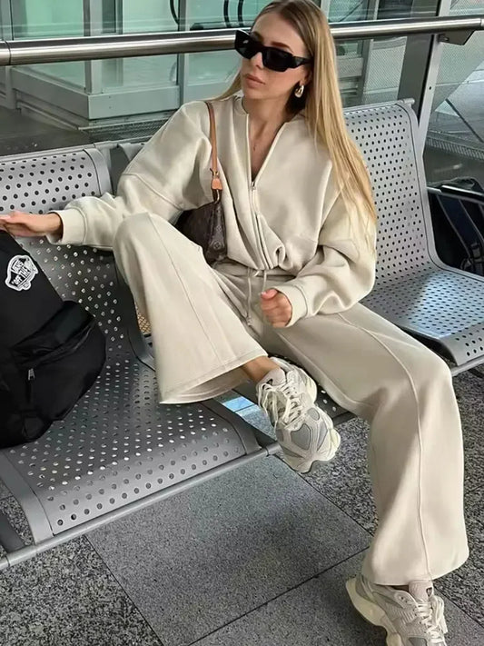 Zipper Bomber Jacket Sweatshirt High-waisted Lace-up Loose Velvet Pants Suit
