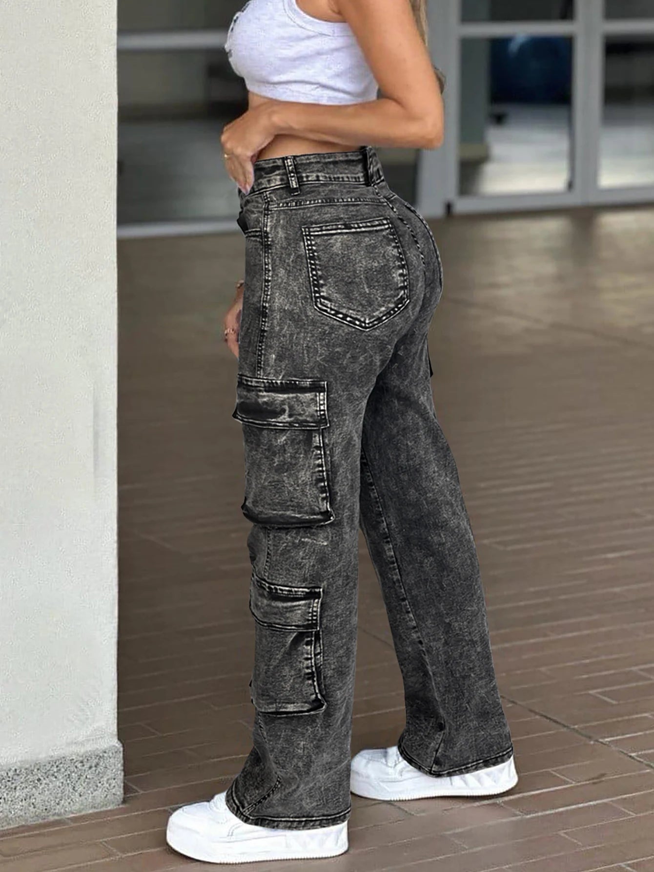 Multi-Flap Pocket Straight Leg Cargo Jeans
